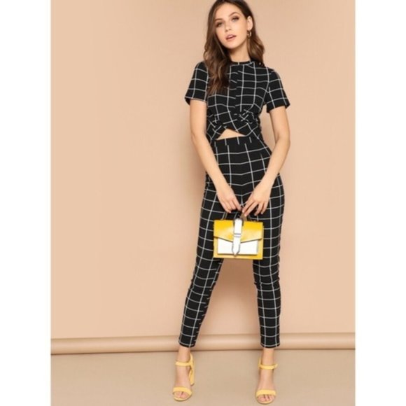 SHEIN Black & White Window Pane Grid Legging Pants - Picture 3 of 8